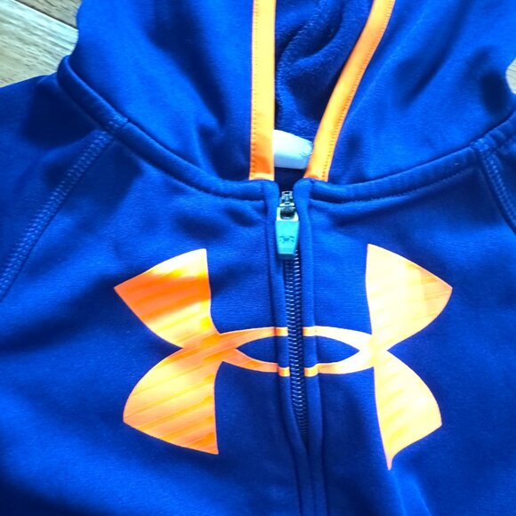Under Armour Hoodie Boys 4 Navy Neon Orange Full Zip Long Sleeves Logo Pockets - Picture 9 of 9